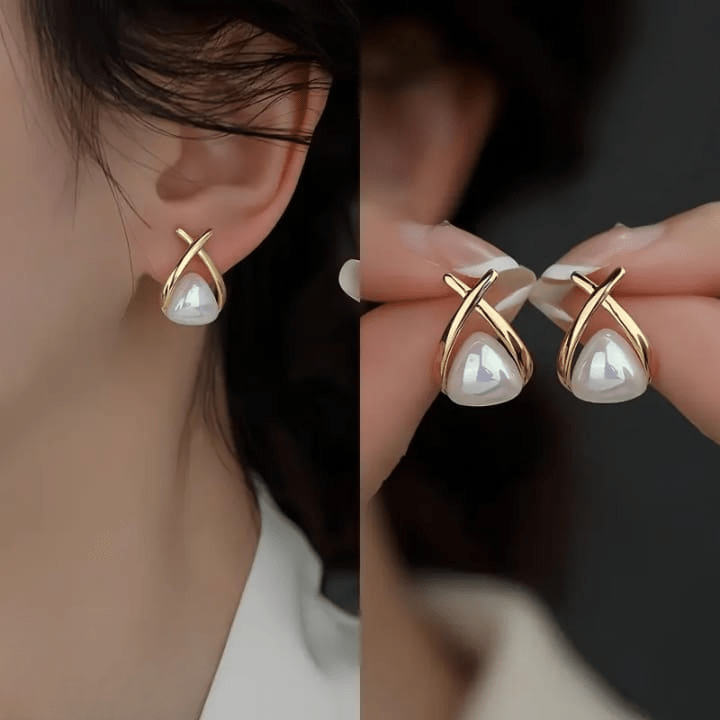 Trendy Korean Cross Pearl Earrings –